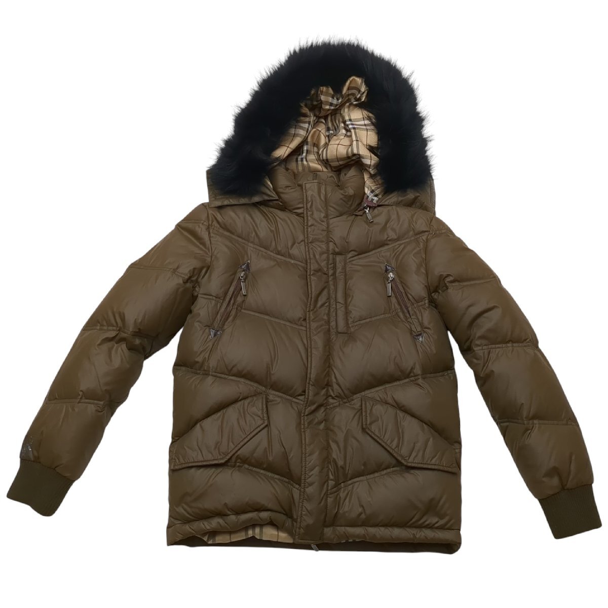 BURBERRY BLACKLABEL バーバリー ブラックレーベル ダウンジャケット フード付 カーキ色 メンズ ホワイトグースダウン サイズM