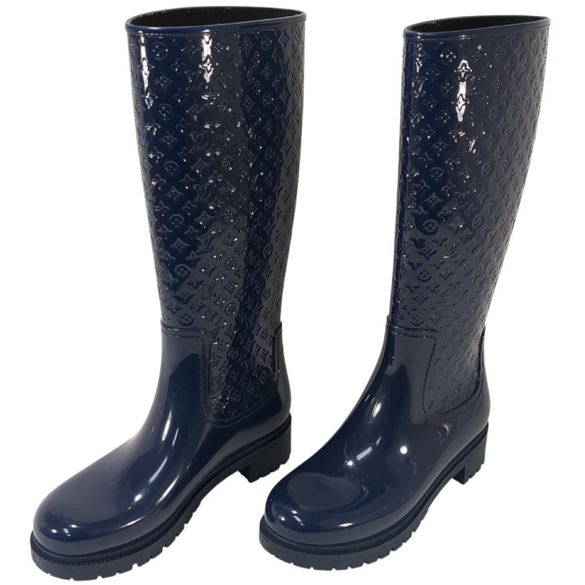 LOUIS VUITTON ドロップスライン フラットハイブーツ レインブーツ モノグラム ラバー ロングブーツ ネイビーブルー サイズ 38 約24.5cm