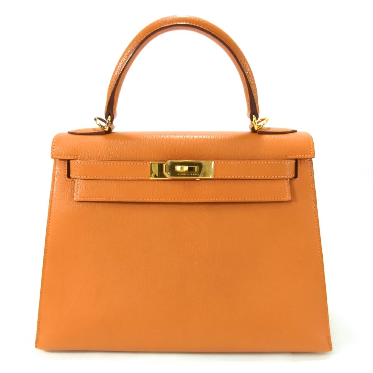 エルメス ケリー28 シェーブル ポティロン ハンドバッグ ショルダー 2WAY オレンジ 外縫い ストラップあり □H刻印