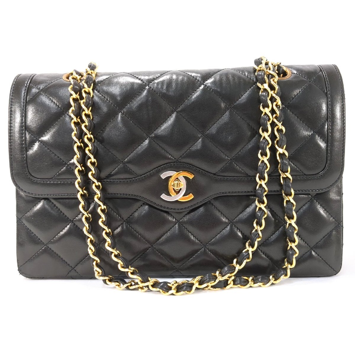 【パリ限定】CHANEL シャネル マトラッセ チェーンショルダー バッグ ラムスキン Ｗフラップ Ｗチェーン 黒 ブラック ヴィンテージ