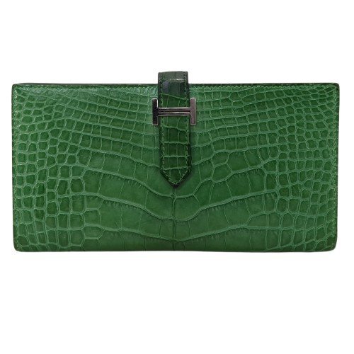 HERMES エルメス ベアンスフレ クロコダイル アリゲーター グリーン カクタス 二つ折り財布 長財布 シルバー金具 □R刻印