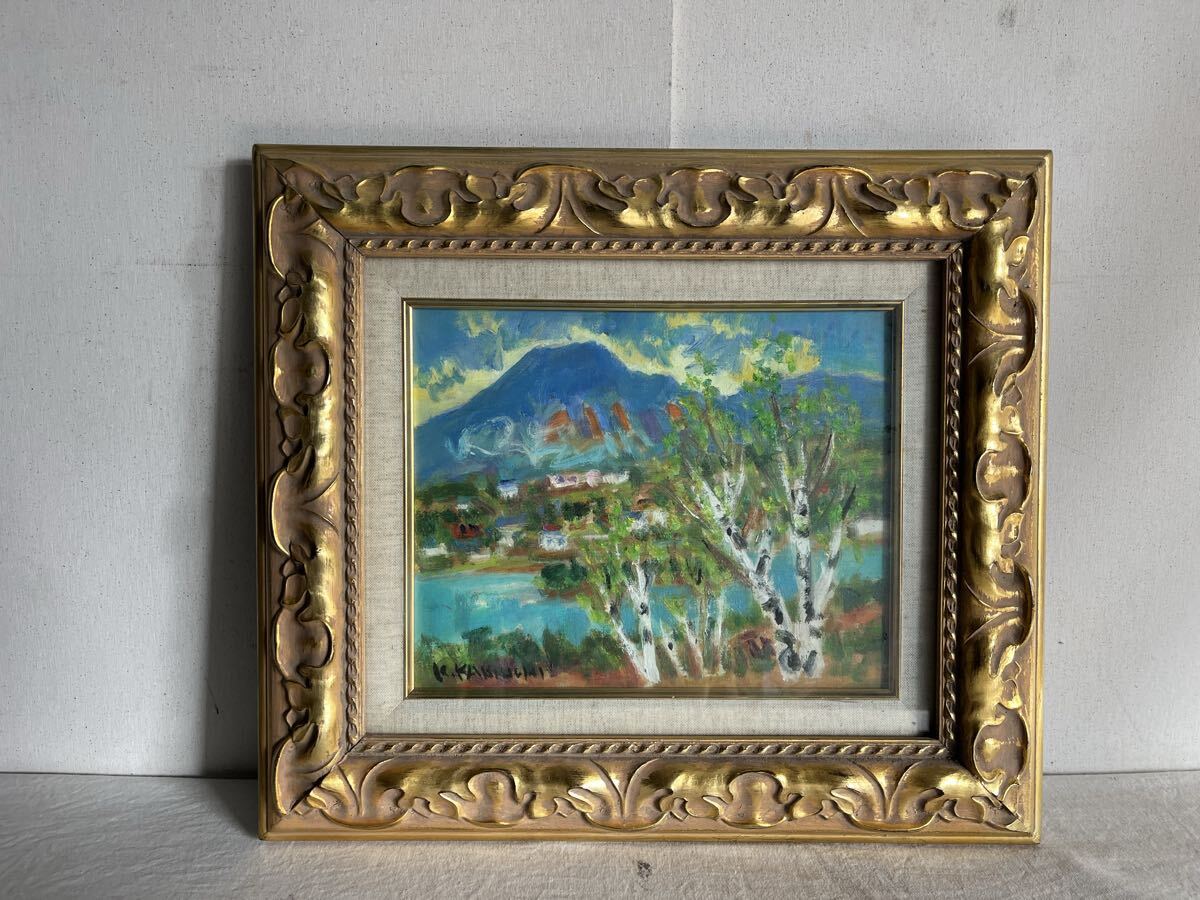 真作 垣内カツアキ「夏の白樺湖」油彩 3号 サイン入り 額装 師・野間仁根 一陽会 ル・サロン永久会員 油絵 花 静物画 絵画 原画 芸術 美術 