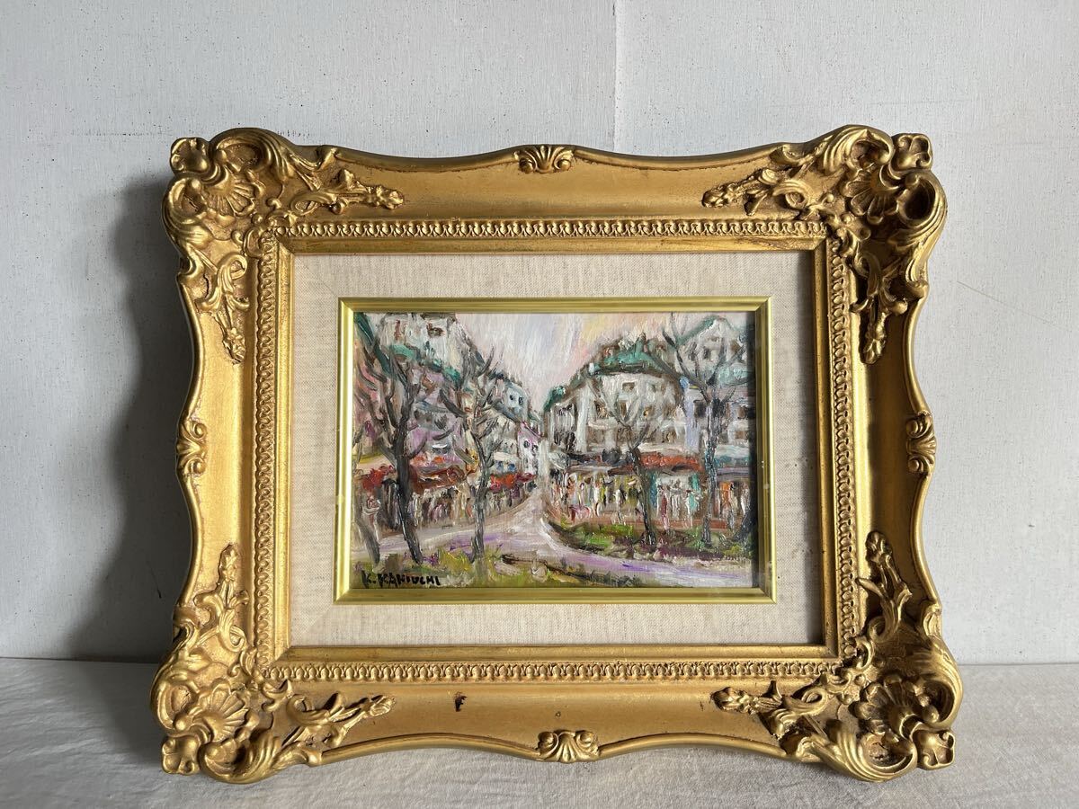 真作 垣内カツアキ「パリの街角」油彩 SM号 サイン入り 額装 師・野間仁根 一陽会 ル・サロン永久会員 油絵 花 風景画 絵画 原画 芸術 美術