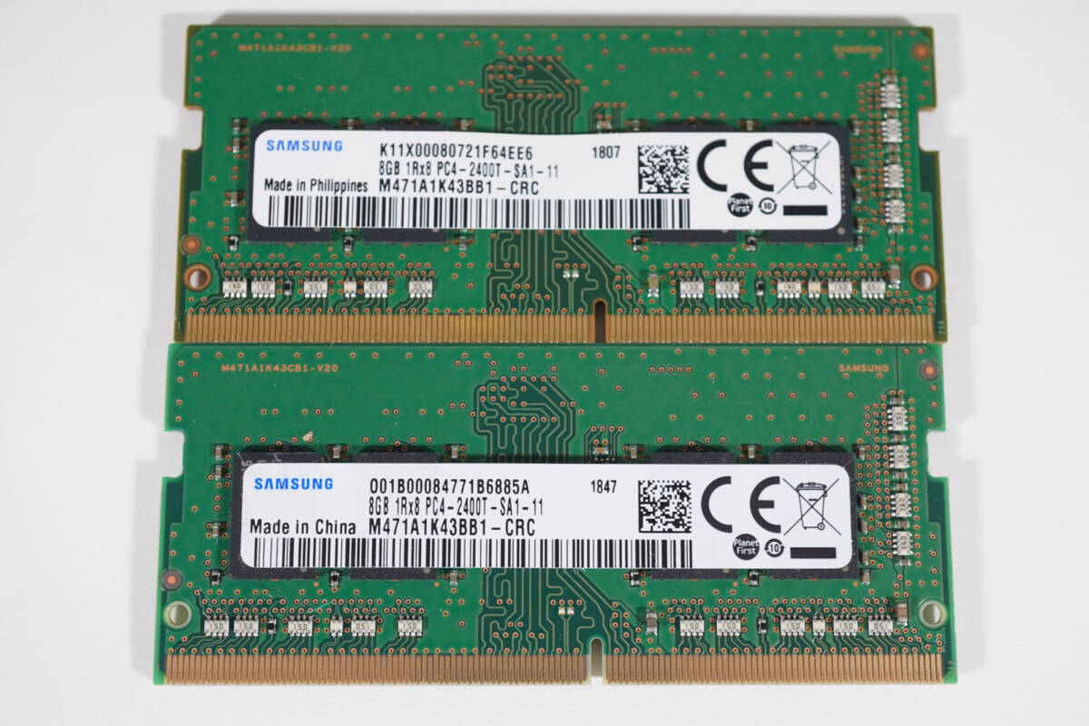 【1円スタート・動作確認済・即納】Samsung DDR4-2400 8GB×2枚（合計16GB）SO-DIMM 1Rx8 PC4-19200 ノートPC用メモリ