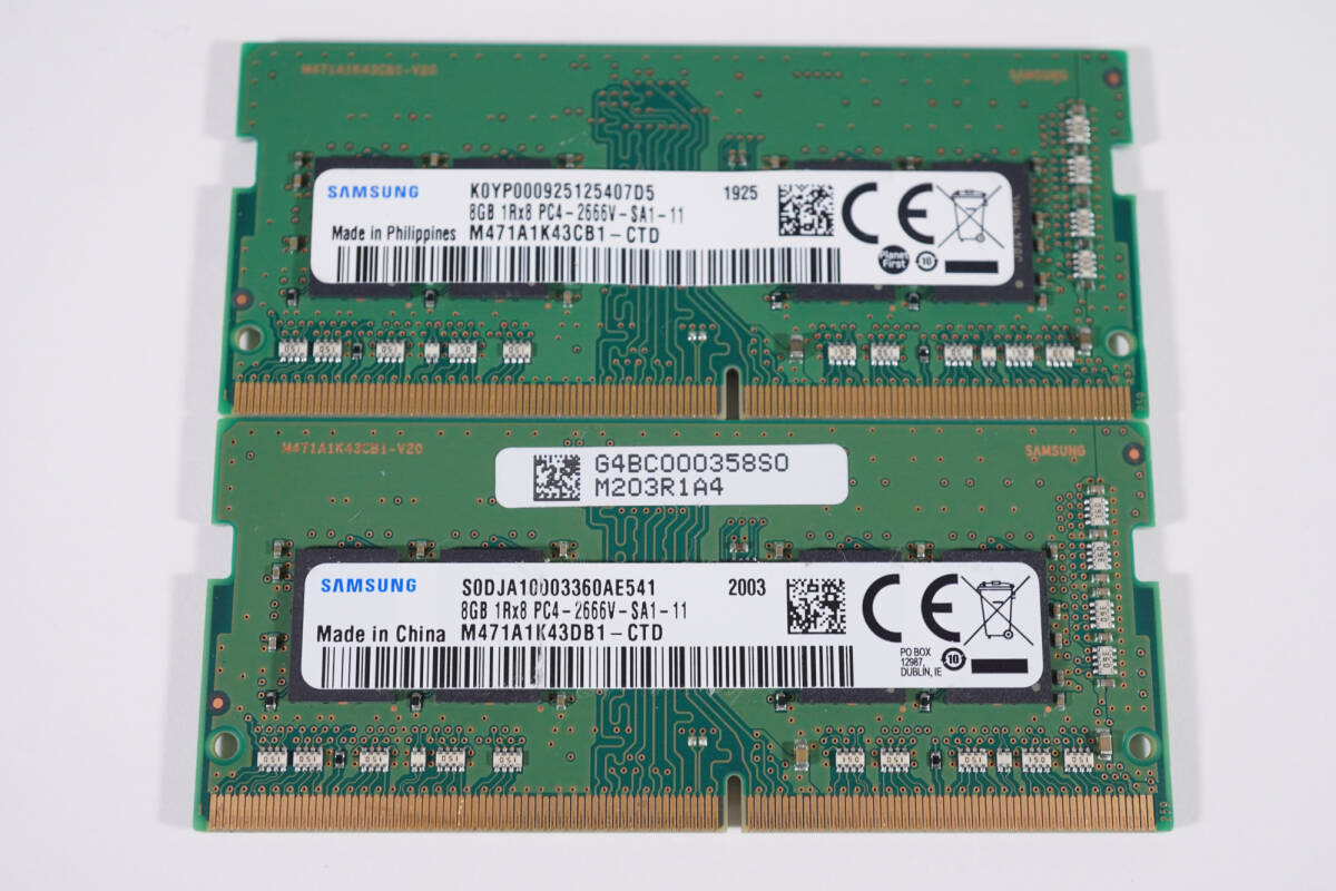 【1円スタート・動作確認済・即納】Samsung DDR4-2666 8GB×2枚（合計16GB）SO-DIMM 1Rx8 PC4-21300 ノートPC用メモリ