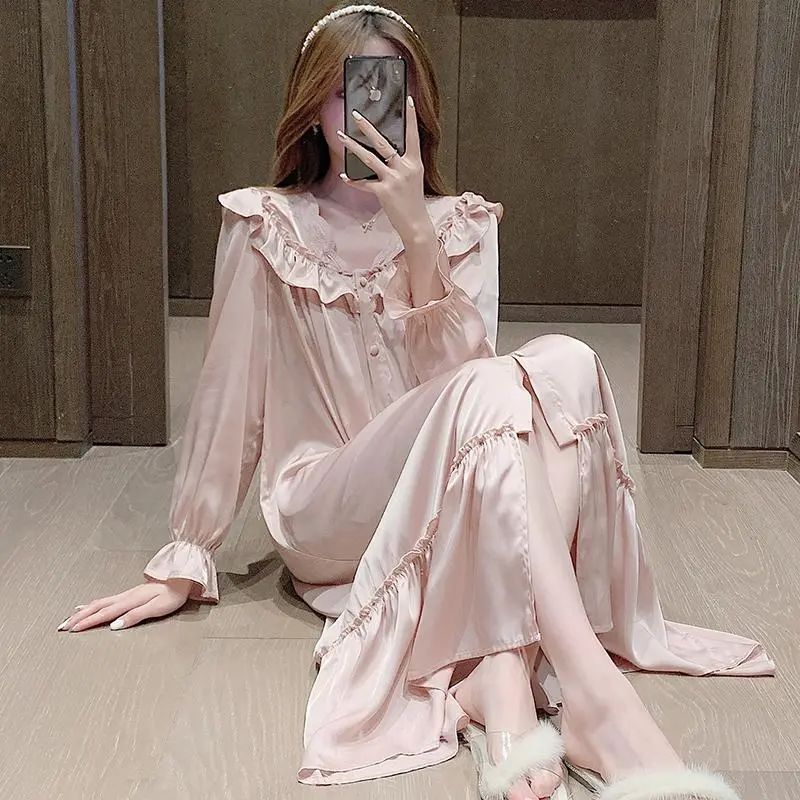ネグリジェサテン系ロング丈フリル姫系ナイトドレス大人可愛いルームワンピセクシーエレガントナイトウェアワンピース