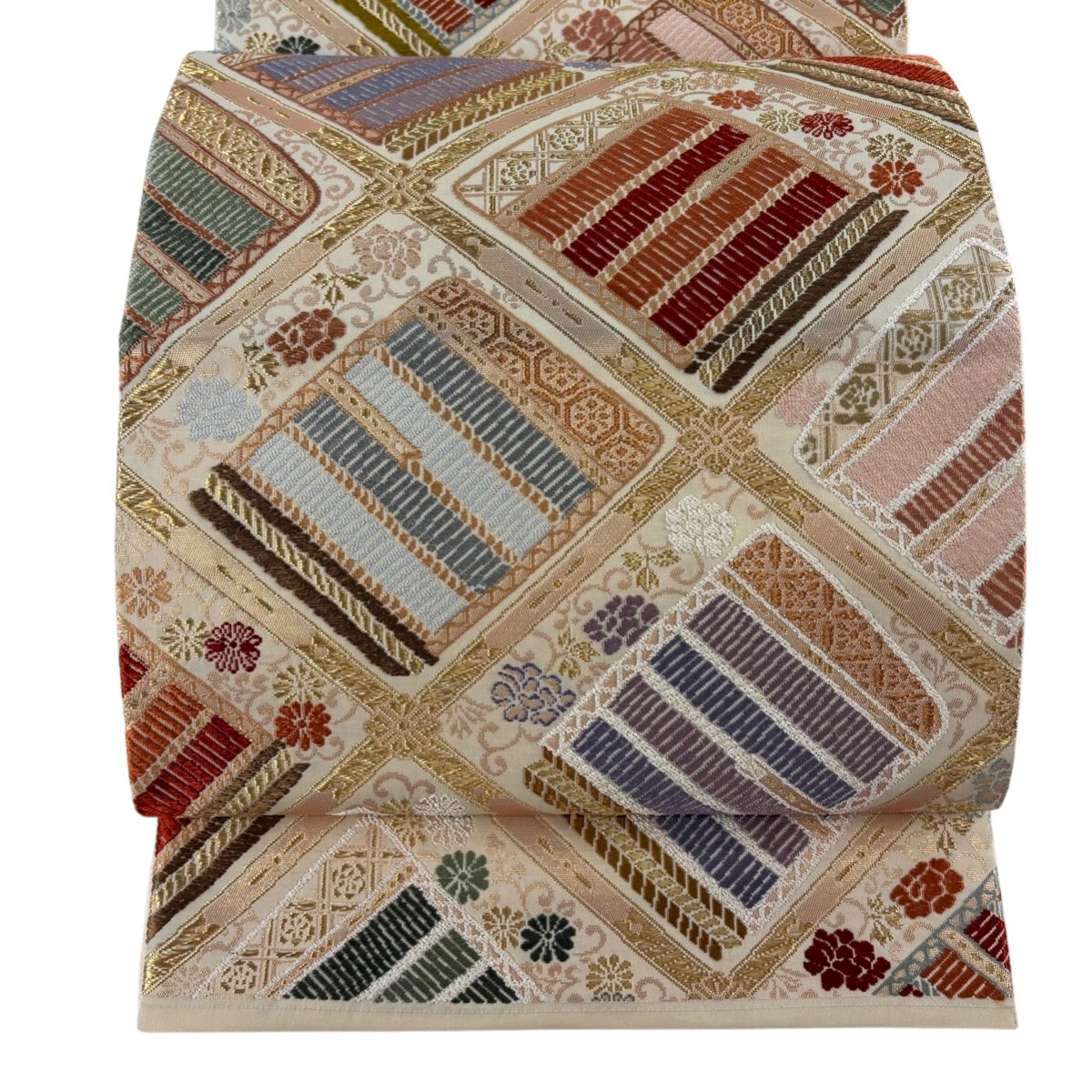 【美品】 袋帯 秀品 鎧おどし 花 金糸 箔 ベージュ 六通 正絹 【中古】