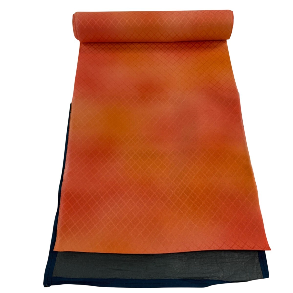 反物 優品 羽尺 羽織 和装コート 地紋 斜め格子 ぼかし オレンジ 正絹 【中古】
