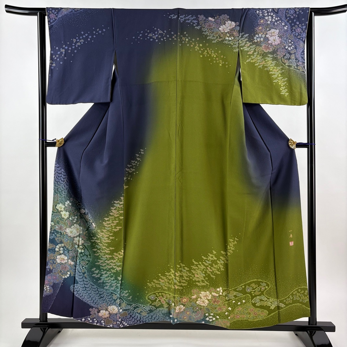 訪問着 身丈157.5cm 裄丈62cm S 袷 吉乃一廉 落款 辻が花 霞 金彩 染め分け 濃紫 正絹 逸品 【中古】