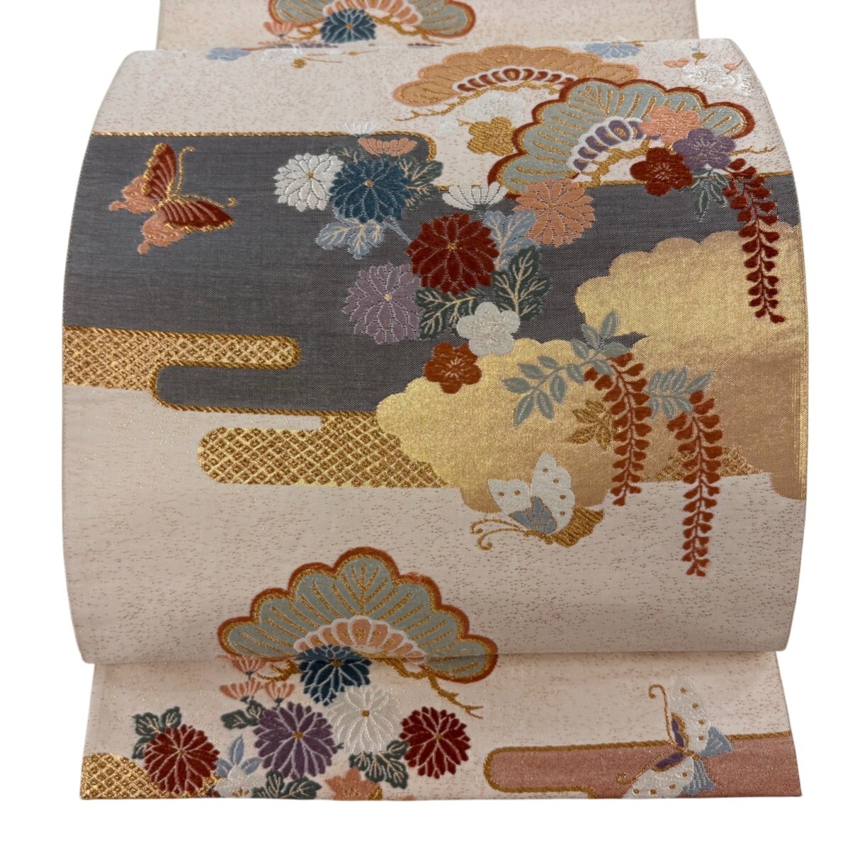 袋帯 秀品 菊 笠松 唐織 箔 クリーム 六通 正絹 【中古】