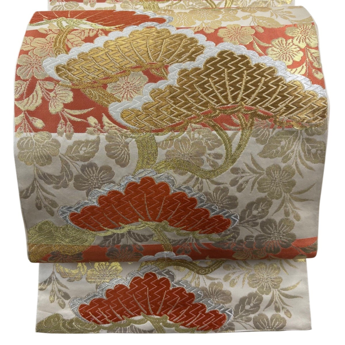 袋帯 秀品 川島織物 落款 笠松 桜 金銀糸 箔 ベージュ 六通 正絹 【中古】