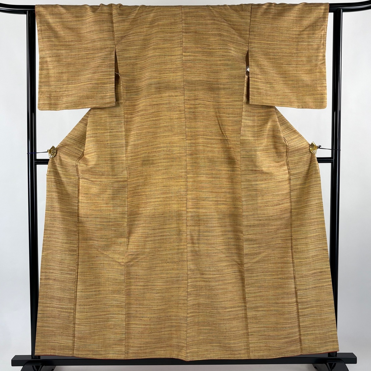 紬 身丈157.5cm 裄丈63.5cm S 袷 横縞 山吹茶色 正絹 優品 【中古】
