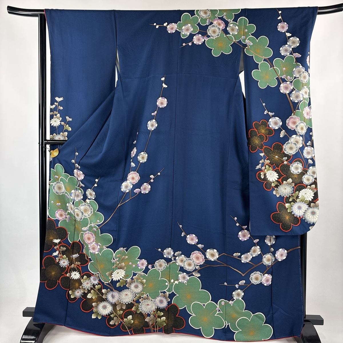 振袖 身丈167cm 裄丈67cm M 袷 枝梅 菊 紺色 正絹 秀品 【中古】