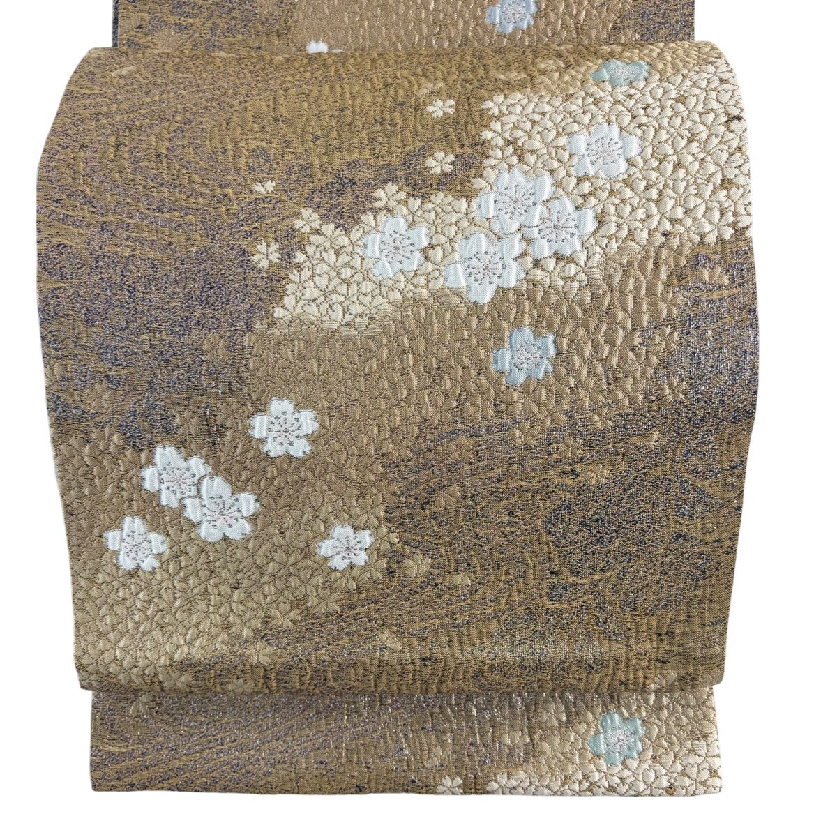 袋帯 秀品 証紙 桜 流水 箔 薄茶色 六通 正絹 【中古】