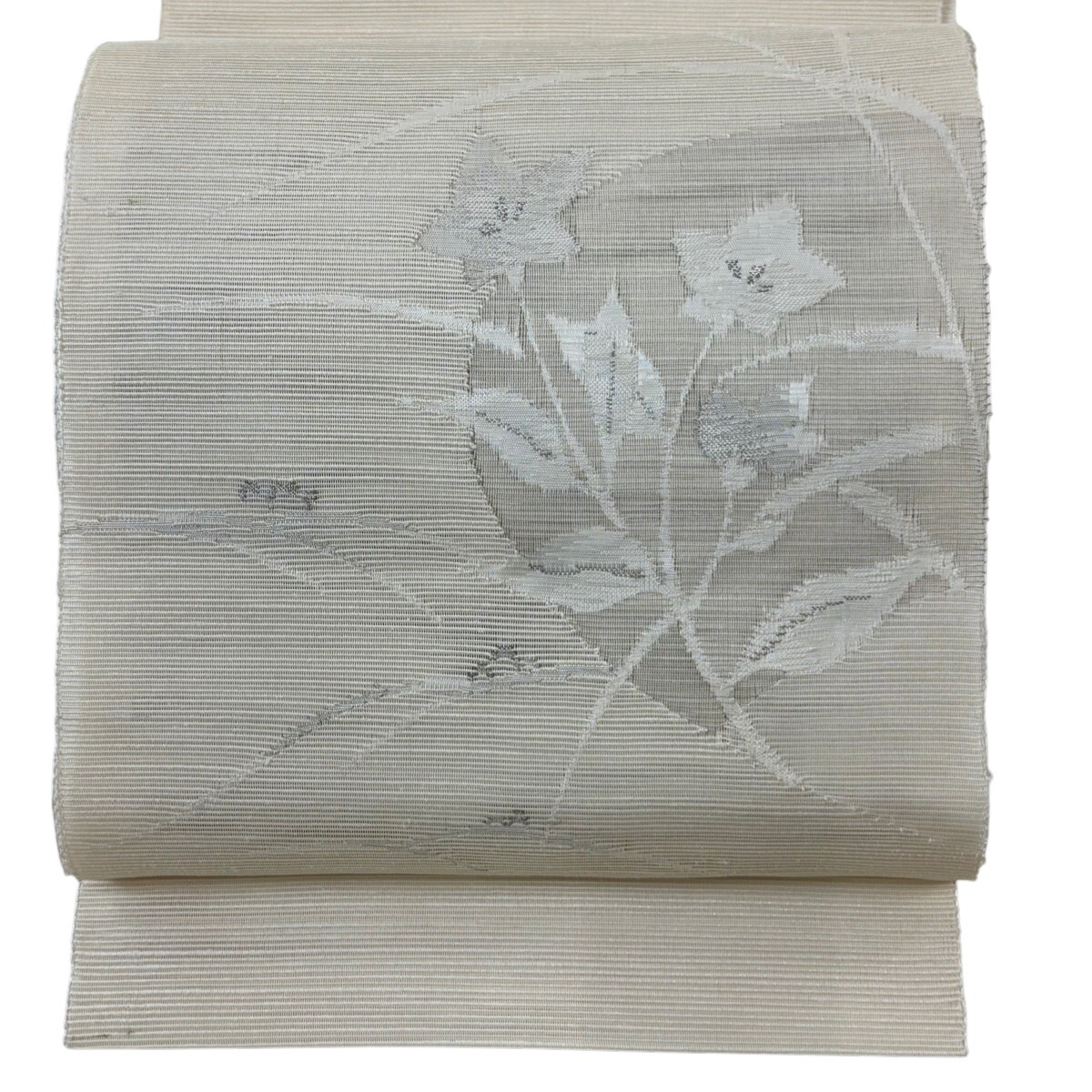 名古屋帯 名品 証紙 夏帯 八寸名古屋帯 松葉仕立て トンネル仕立て 桔梗 すすき 銀糸 クリーム 正絹 【中古】