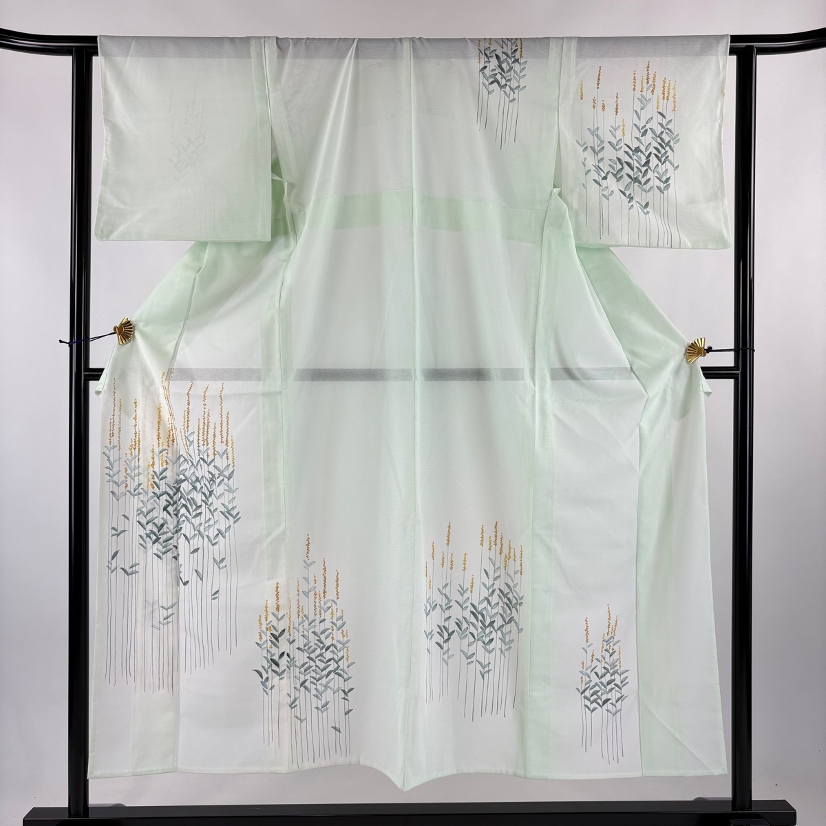 付下げ 身丈153cm 裄丈63cm S 薄物 絽 草花 ぼかし 薄緑 正絹 秀品 【中古】