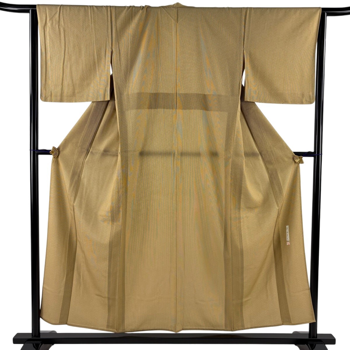 【美品】 江戸小紋 身丈154cm 裄丈64.5cm M 単衣 落款 縦縞 幾何学 薄茶色 正絹 名品 【中古】