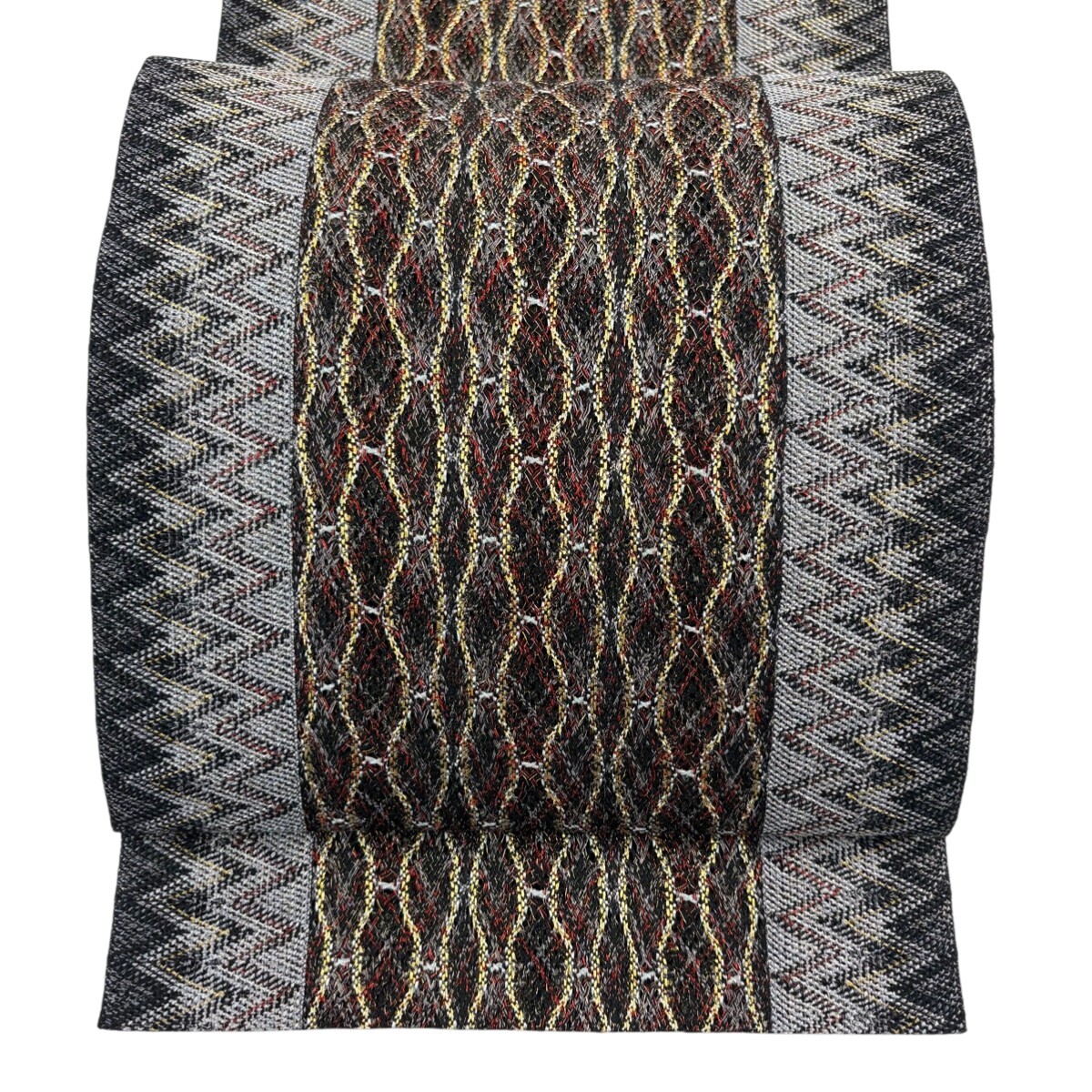 【美品】 名古屋帯 秀品 夏帯 八寸名古屋帯 松葉仕立て 幾何学 金銀糸 灰色 正絹 【中古】