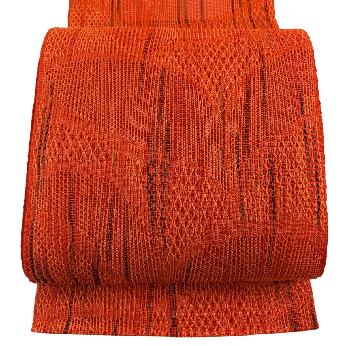 名古屋帯 秀品 夏帯 羅 八寸名古屋帯 トンネル仕立て 幾何学模様 オレンジ 正絹 【中古】