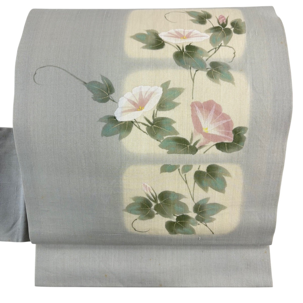 名古屋帯 秀品 夏帯 草花 金彩 青灰色 正絹 【中古】