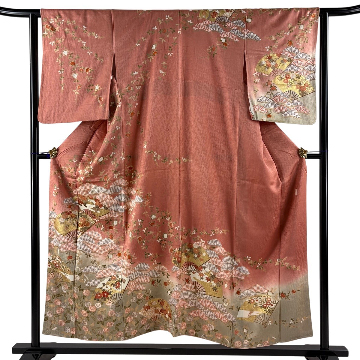 訪問着 身丈153cm 裄丈63cm S 袷 吾妻徳穂 落款 扇 菊 金糸 金彩 ピンク 正絹 名品 【中古】