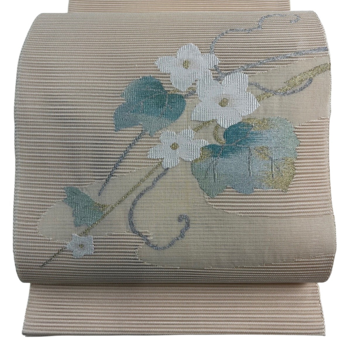 【美品】 名古屋帯 秀品 夏帯 絽 トンネル仕立て 草花 金銀糸 ベージュ 正絹 【中古】