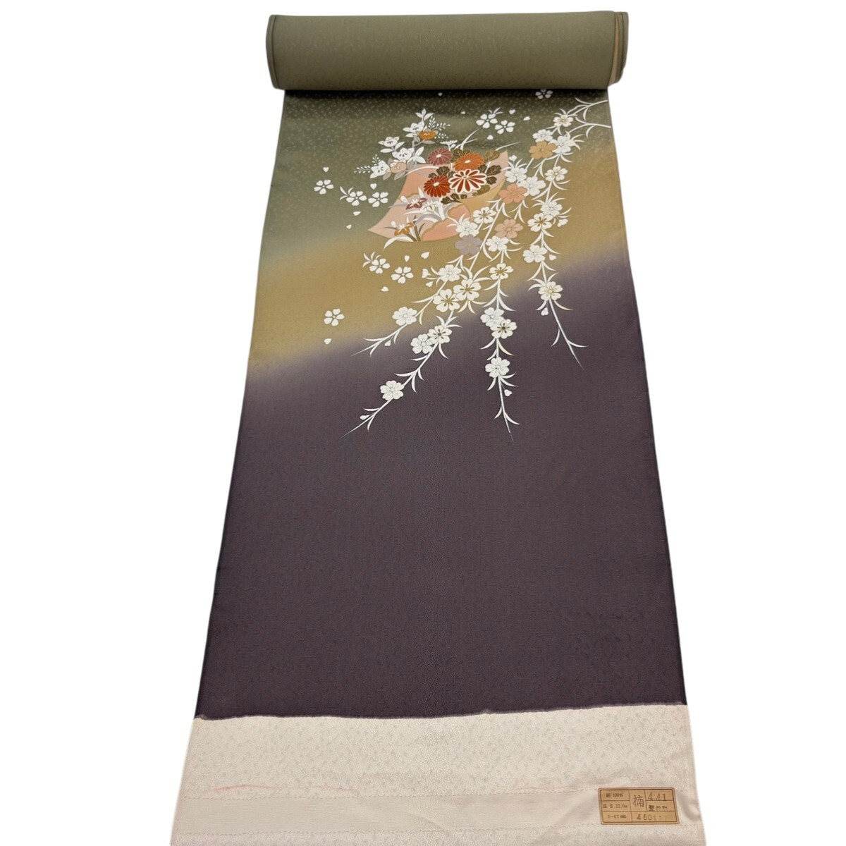 反物 秀品 付下げ 色紙 草花 金彩 ぼかし 茶緑色 正絹 【中古】