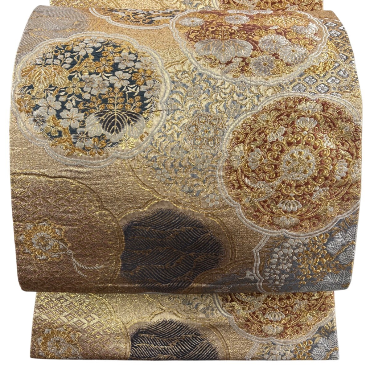 【美品】 袋帯 名品 加納幸 落款 桐 鏡裏文 箔 金糸 金色 六通 正絹 【中古】