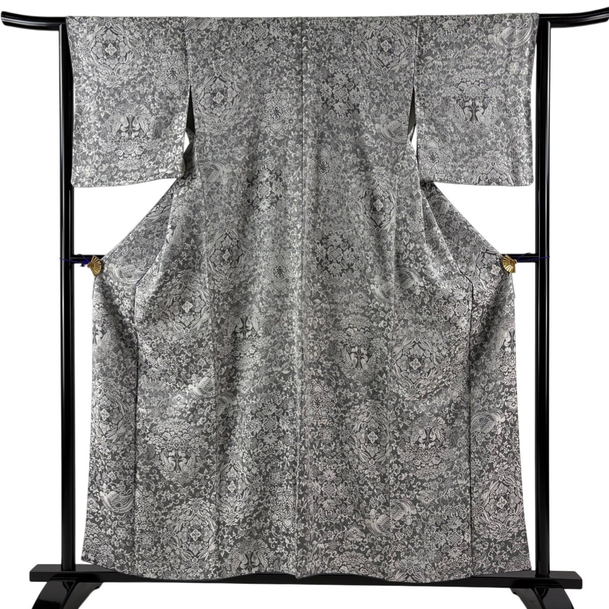 【美品】 小紋 身丈157.5cm 裄丈64.5cm M 袷 華文 花鳥 紋意匠 灰色 正絹 名品 【中古】