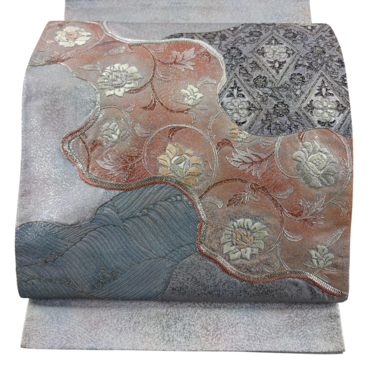 袋帯 秀品 花唐草 菱 銀糸 刺繍 薄紫 お太鼓柄 正絹 【中古】