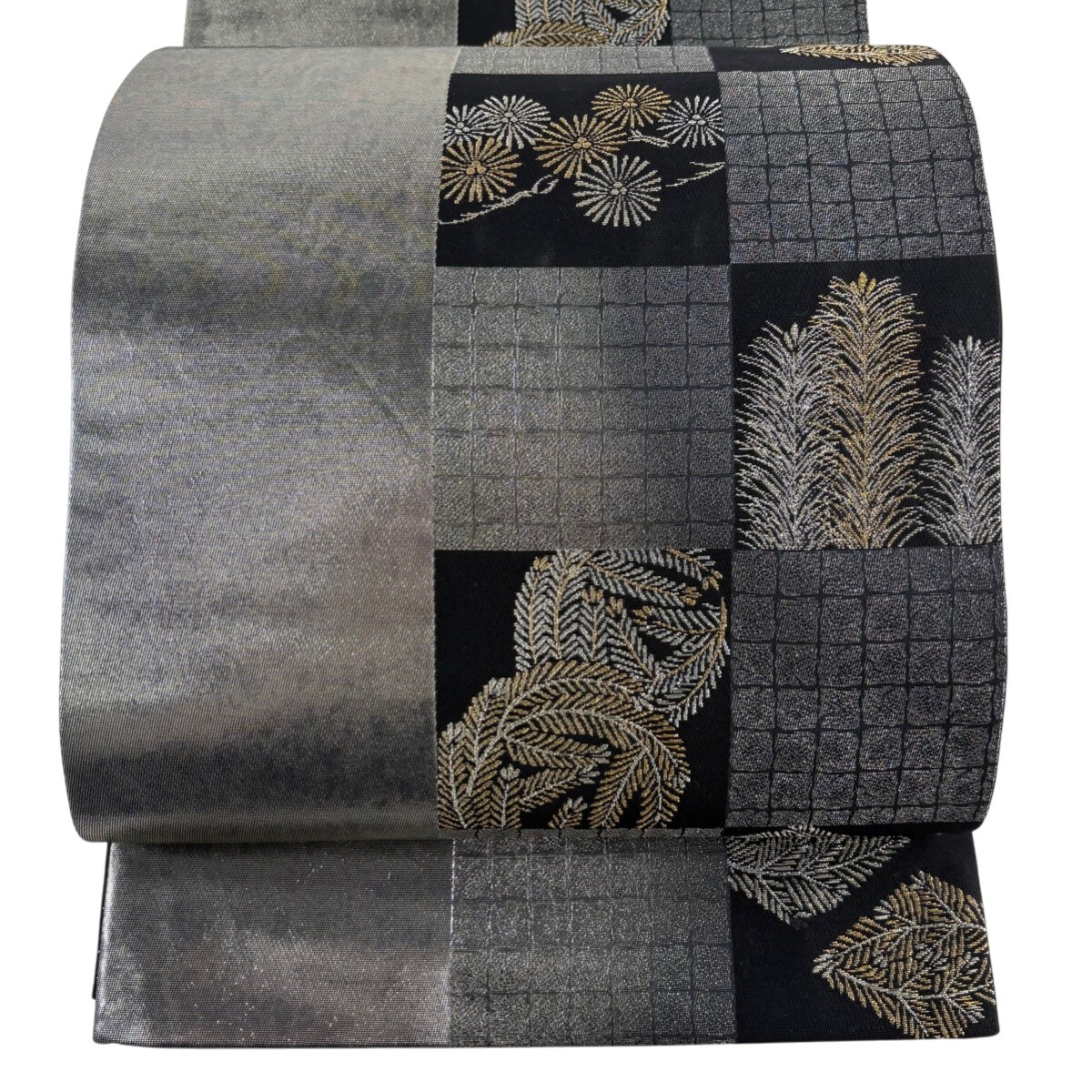 袋帯 秀品 若松 枝花 金銀糸 箔 銀色 六通 正絹 【中古】