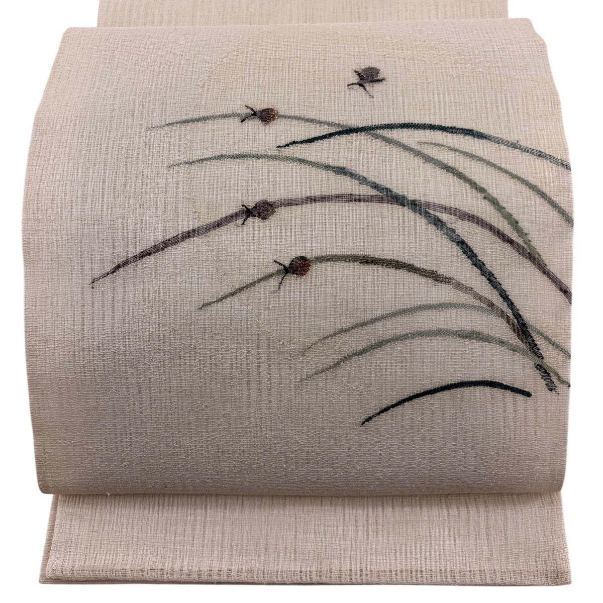 袋帯 秀品 夏帯 葉 虫 銀糸 クリーム お太鼓柄 正絹 【中古】