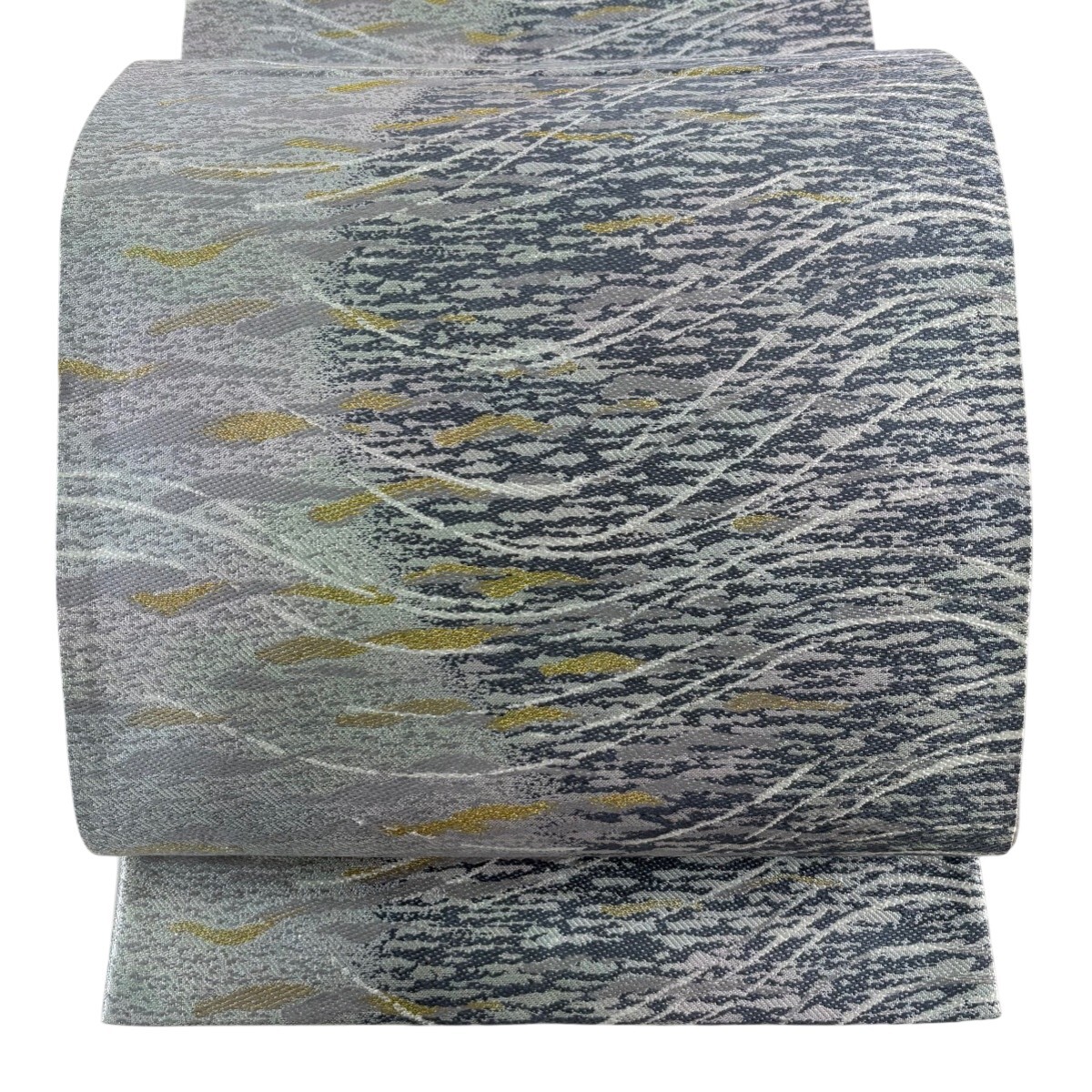 【美品】 袋帯 秀品 波 金糸 刺繍 青灰色 六通 正絹 【中古】