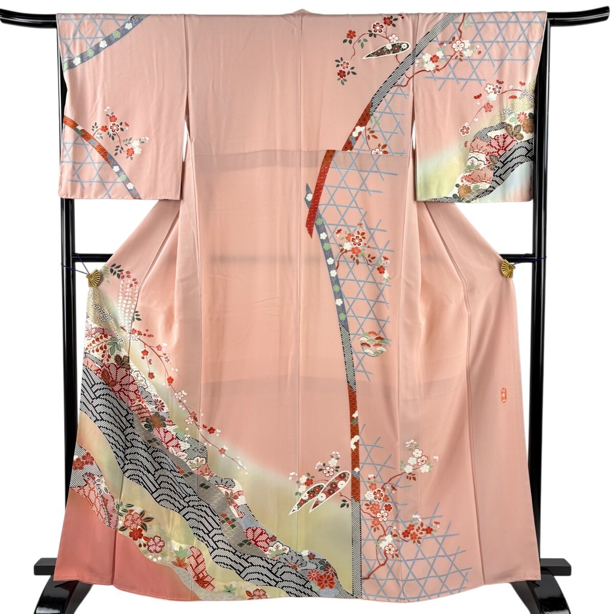 訪問着 身丈164.5cm 裄丈66cm M 袷 菊 松梅 金彩 ぼかし ピンク 正絹 秀品 【中古】