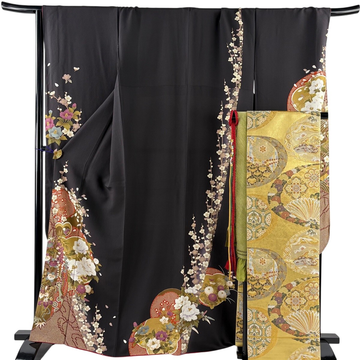 【美品】 振袖 身丈164.5cm 裄丈69cm L 袷 袋帯フルセット 牡丹 桜 金彩 茶紫 正絹 名品 【中古】