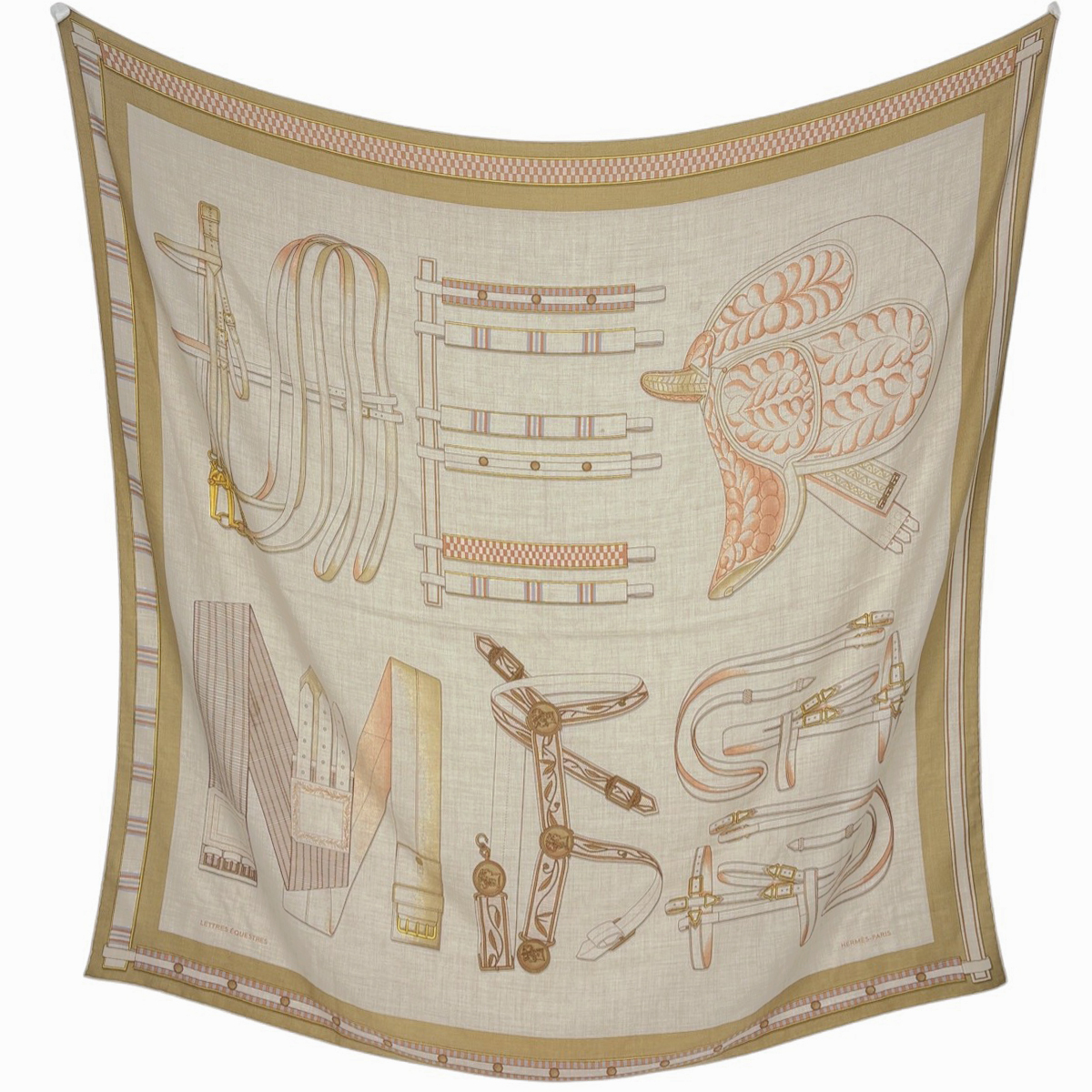 エルメス HERMES カレ140 LETTRES EQUESTRES レトル エスケトル ストール カシミヤ シルク ベージュ マルチカラー レディース 【中古】