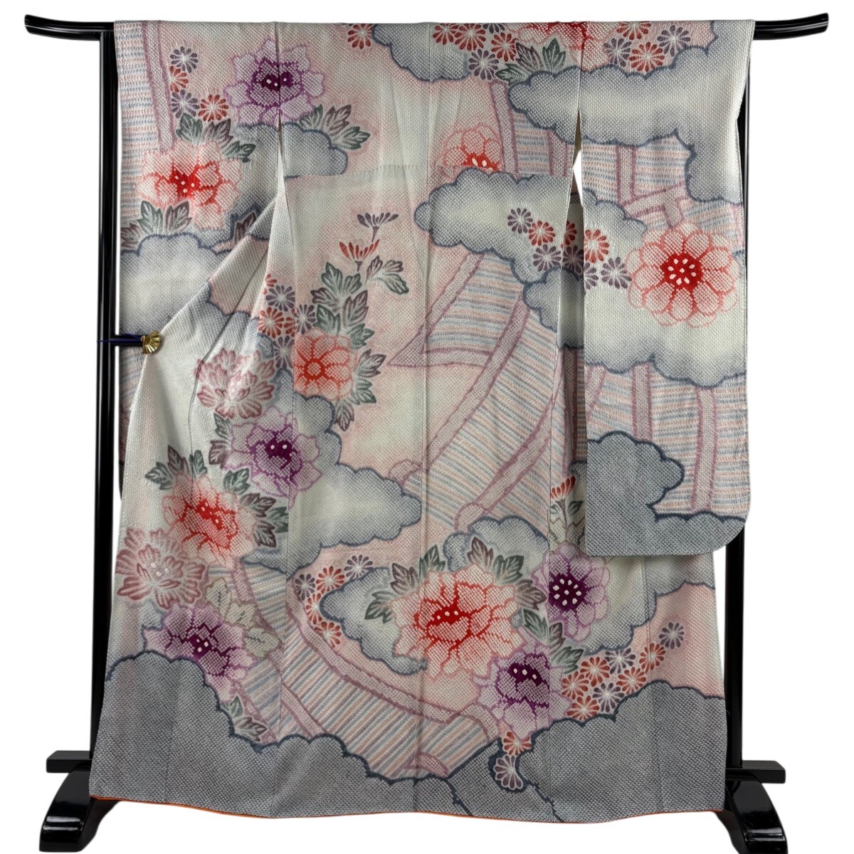 振袖 身丈166.5cm 裄丈67cm M 袷 牡丹 雲文 総絞り 青灰色 正絹 逸品 【中古】