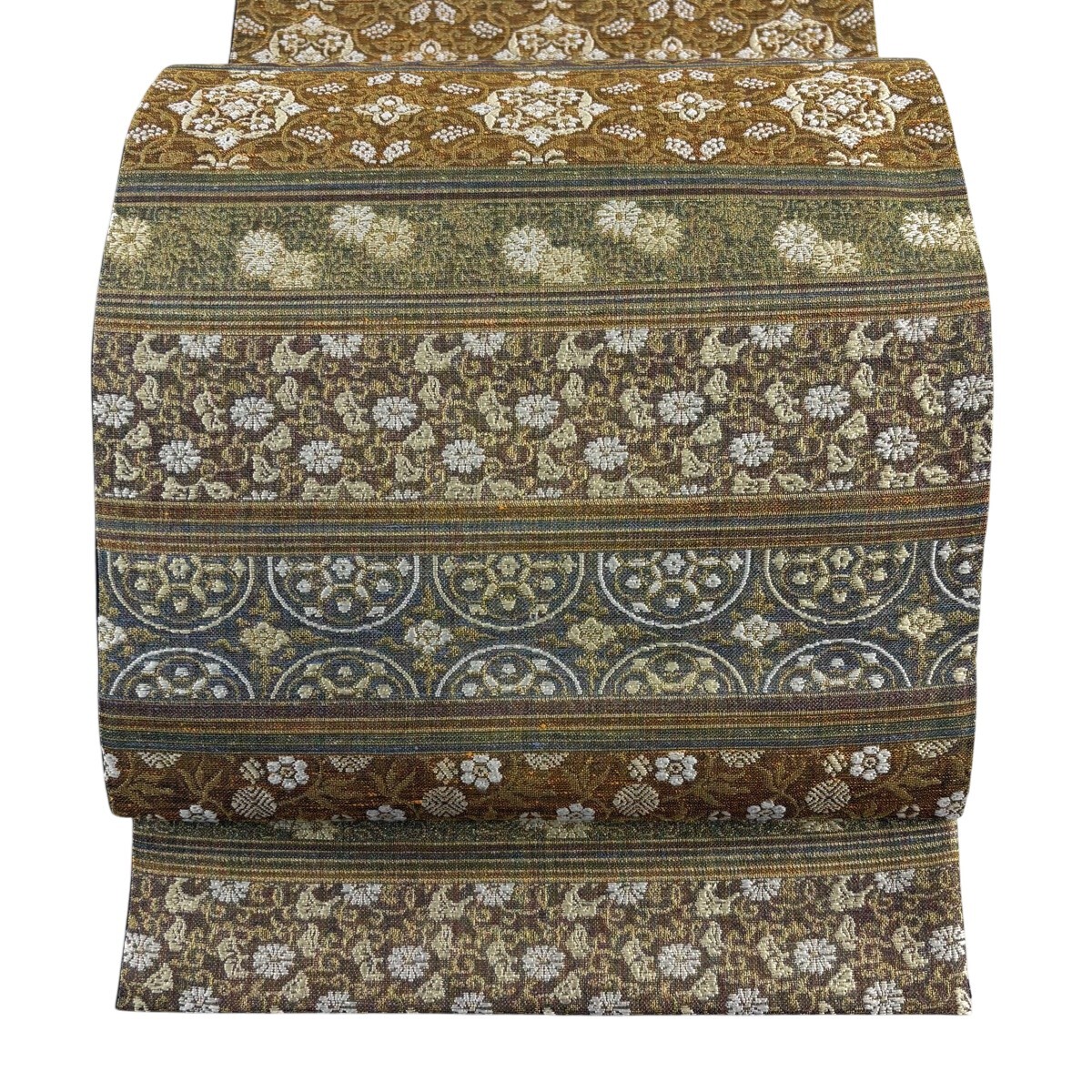 【美品】 袋帯 名品 名物裂文様 段縞 金糸 茶緑色 六通 正絹 【中古】