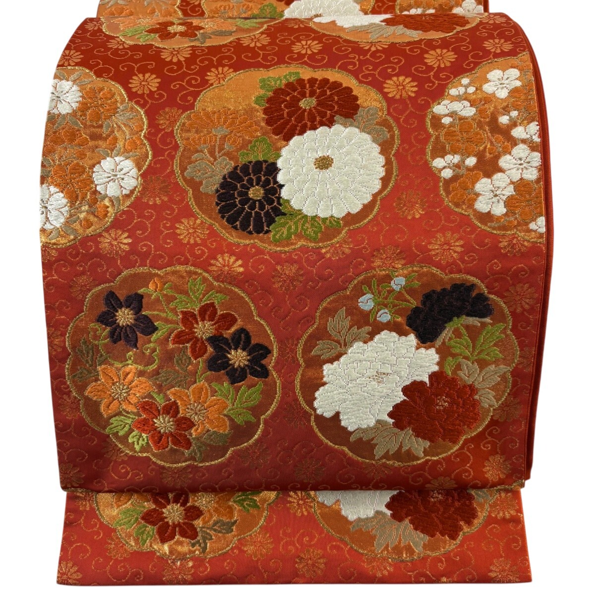 袋帯 名品 河合美術織物 落款 鈴乃屋 菊 牡丹 金糸 箔 朱色 六通 正絹 【中古】