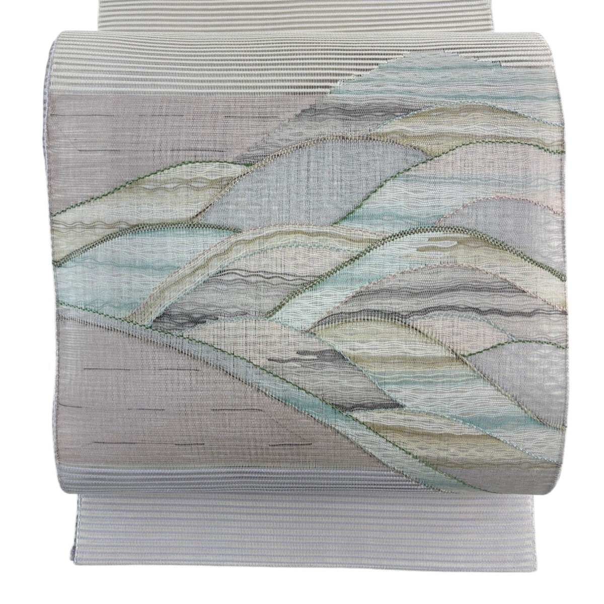 【美品】 名古屋帯 秀品 夏帯 絽 山並み 縞 金糸 灰紫 正絹 【中古】