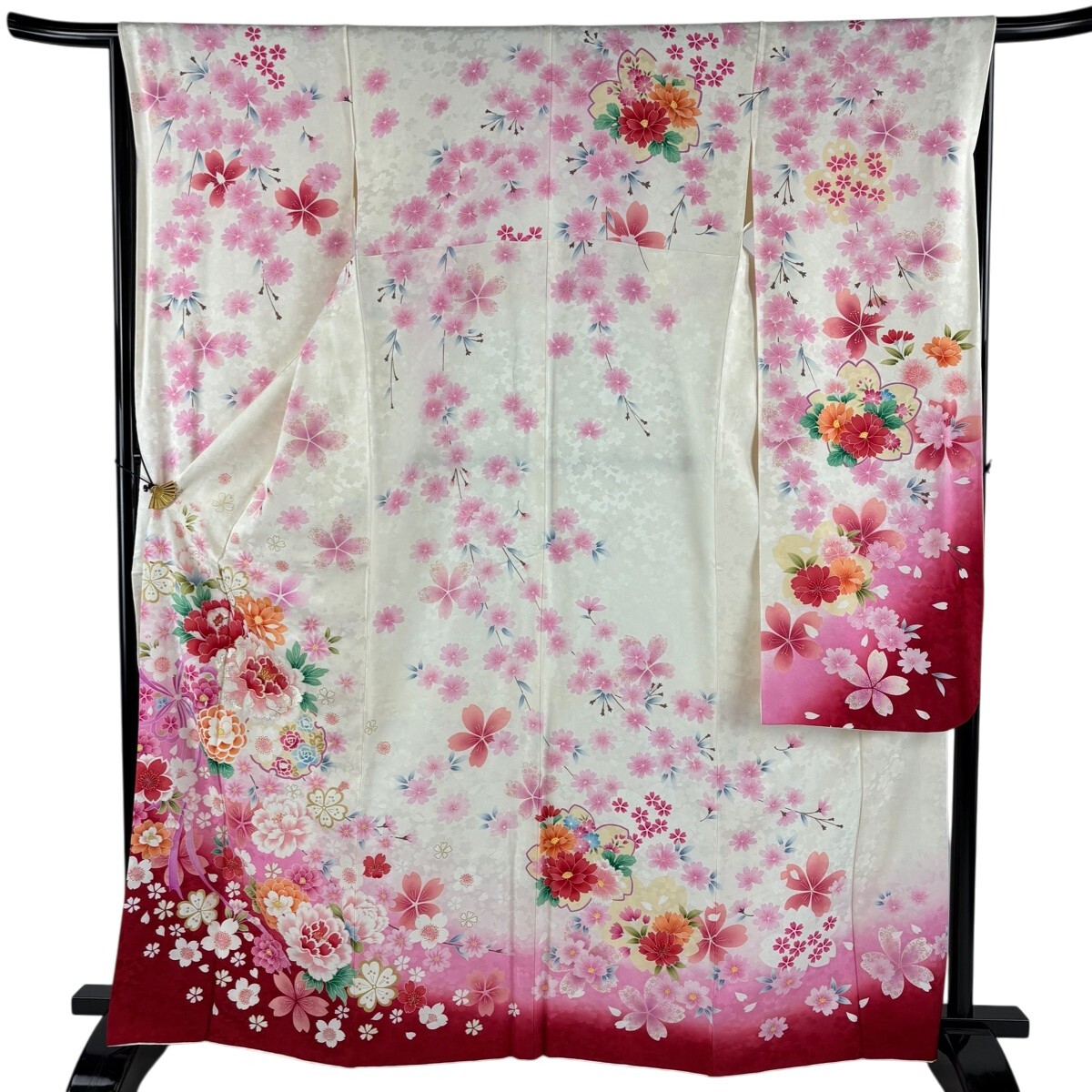【美品】 振袖 身丈165cm 裄丈65.5cm M 袷 牡丹 桜 金糸 箔 白 正絹 逸品 【中古】