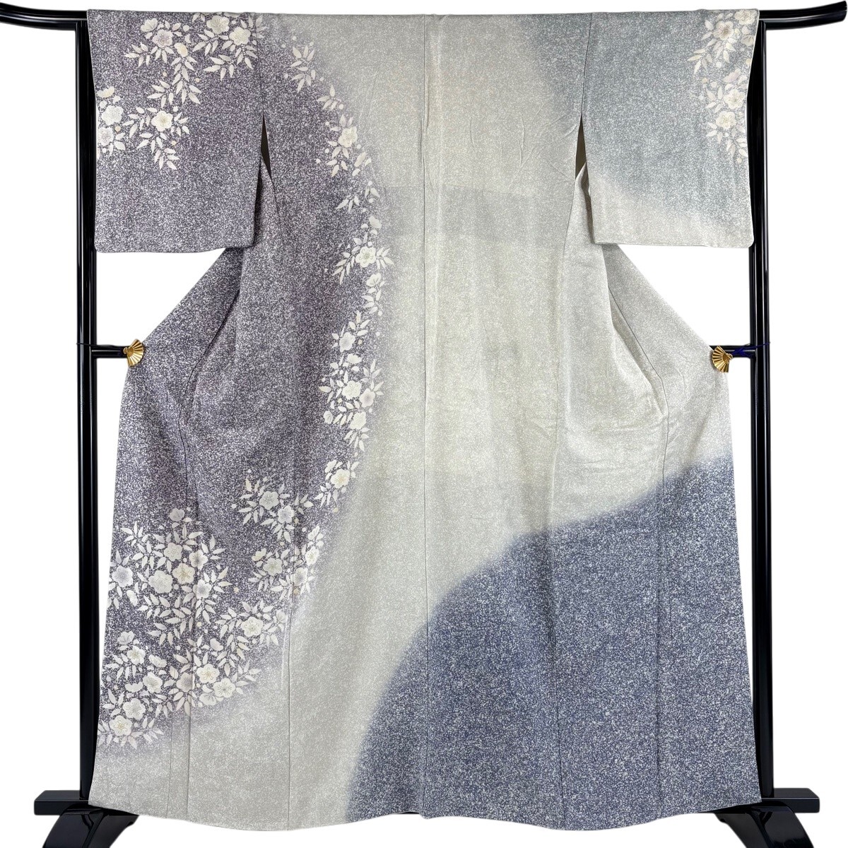 訪問着 身丈160cm 裄丈64.5cm M 袷 草花 地紋 染め分け ぼかし 紫 正絹 秀品 【中古】