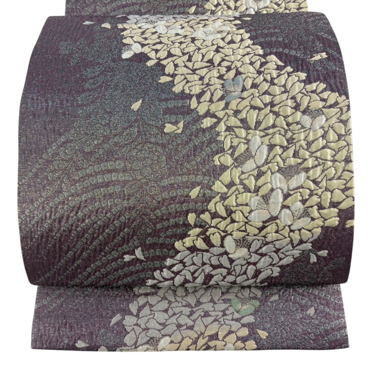 【美品】 袋帯 秀品 花 花びら 箔 紫 六通 正絹 【中古】