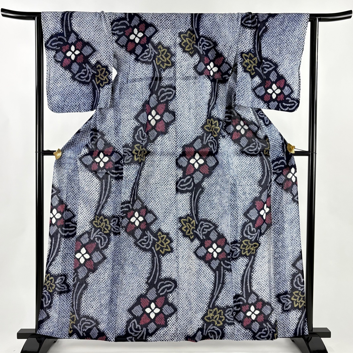 浴衣 身丈162cm 裄丈63cm S 絞り浴衣 草花 紺色 綿 名品 【中古】
