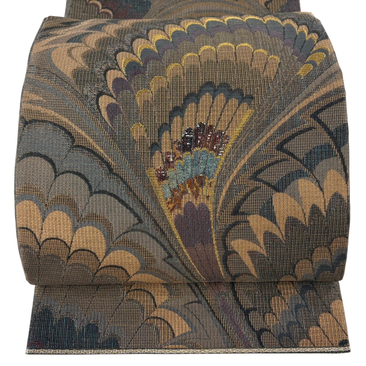 袋帯 逸品 誉田屋源兵衛 落款 関西仕立て 幾何学模様 螺鈿箔 金糸 茶緑色 お太鼓柄 正絹 【中古】