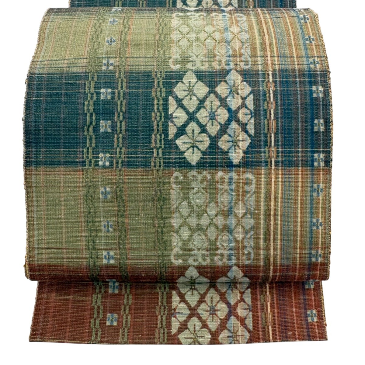 【美品】 名古屋帯 優品 八寸名古屋帯 松葉仕立て 花菱 縞模様 金糸 よもぎ色 正絹 【中古】