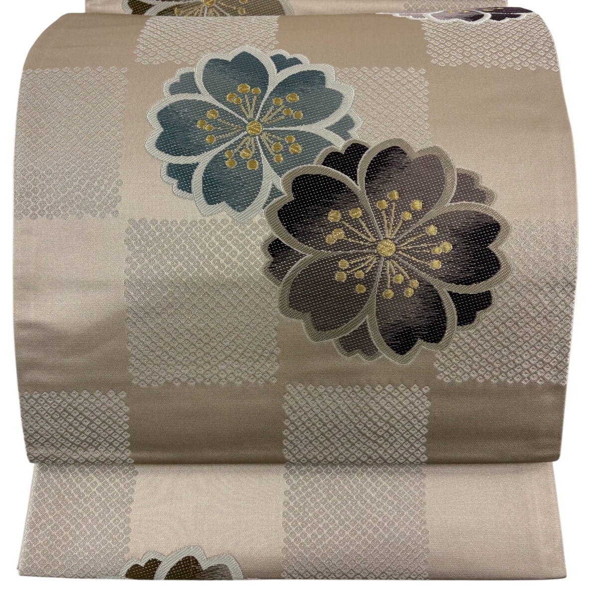 【美品】 袋帯 秀品 桜 市松 金糸 薄茶色 六通 正絹 【中古】