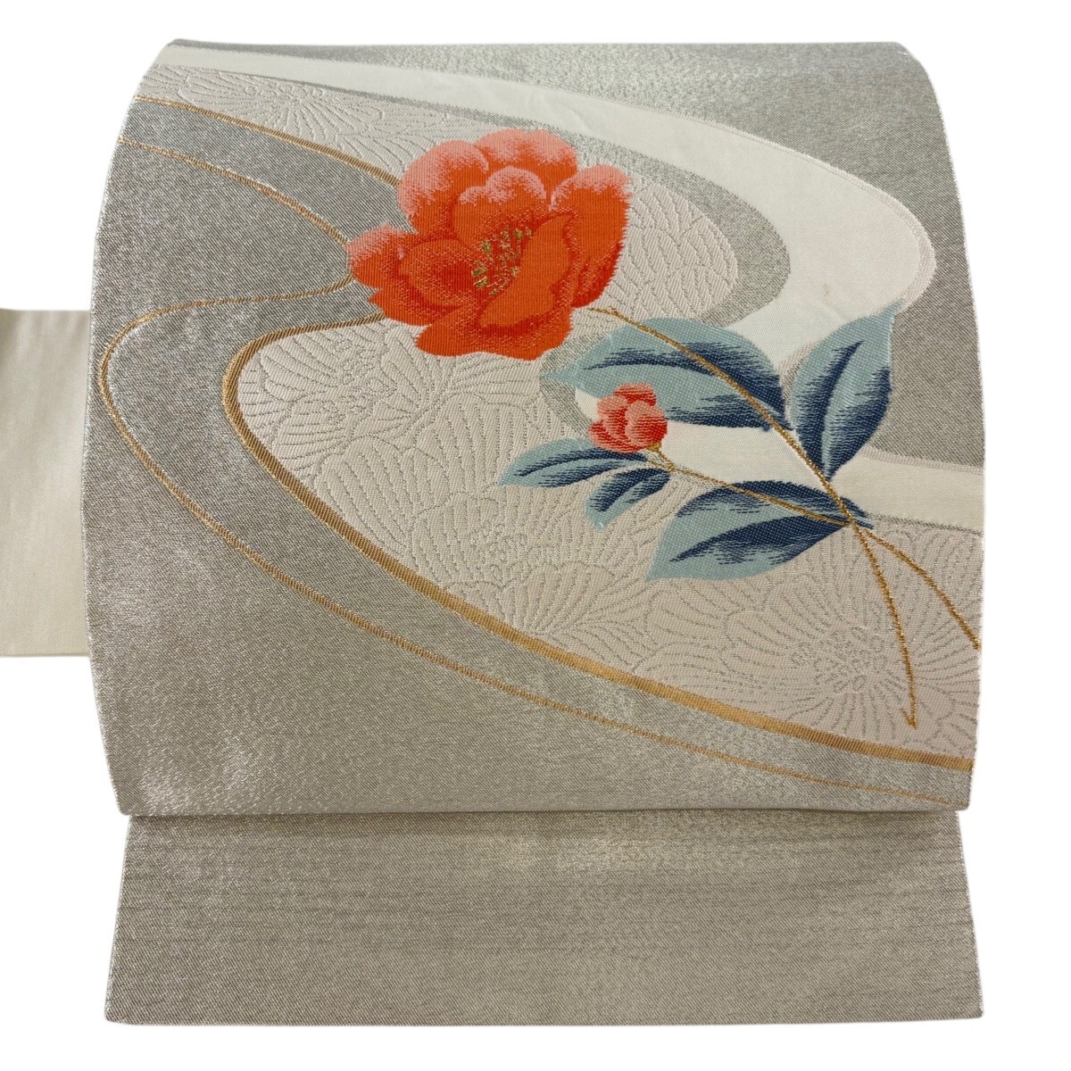 名古屋帯 優品 草花 流水 金銀糸 銀色 正絹 【中古】