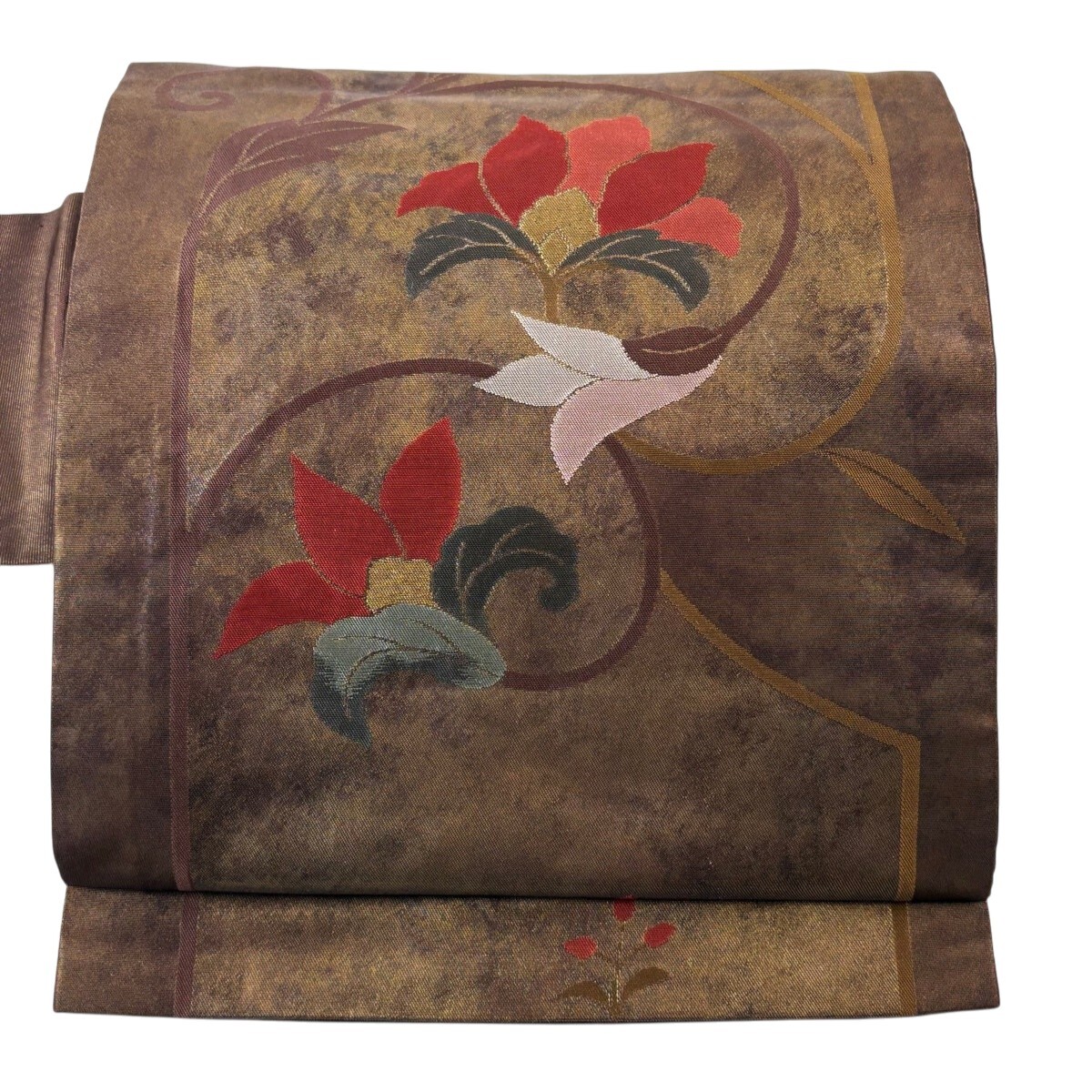 名古屋帯 優品 落款 花唐草 箔 金糸 金茶 正絹 【中古】