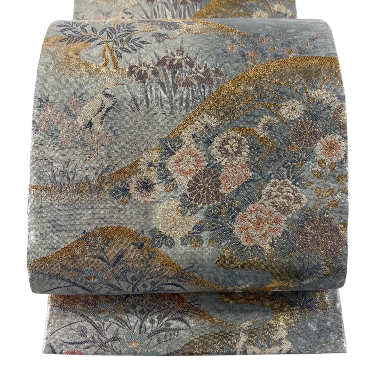 袋帯 秀品 草花 鳥 金糸 箔 銀色 六通 正絹 【中古】